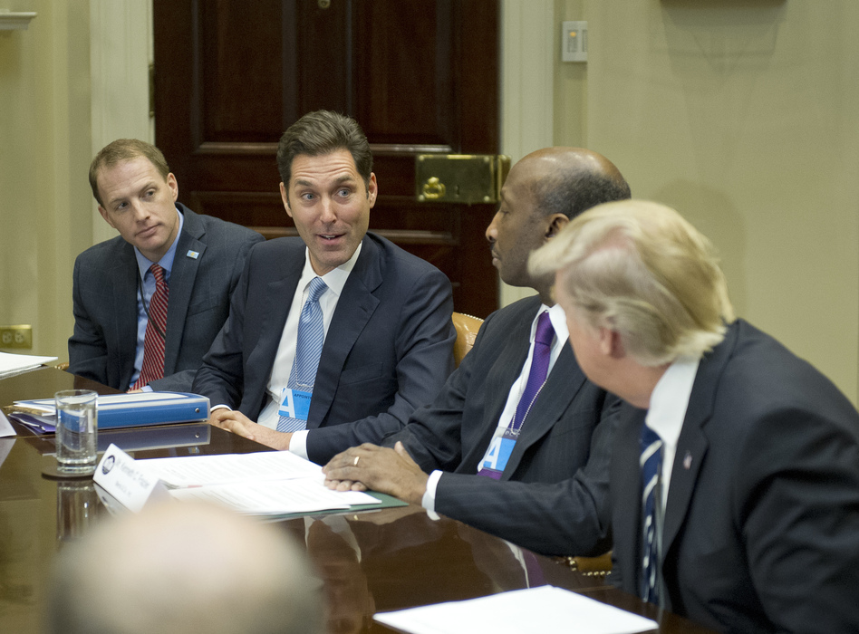 President Trump listens in January as Stephen Ubl, president and CEO of Pharmaceutical Research and Manufacturers of America (second from left), introduces himself during a meeting at the White House. The sky-high prices of some drugs are a big issue for some voters this fall. (Pool/Ron Sachs/Getty Images)