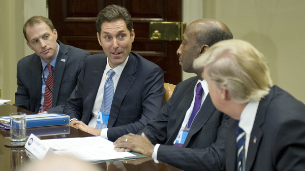 President Trump listens in January as Stephen Ubl, president and CEO of Pharmaceutical Research and Manufacturers of America (second from left), introduces himself during a meeting at the White House. The sky-high prices of some drugs are a big issue for some voters this fall.