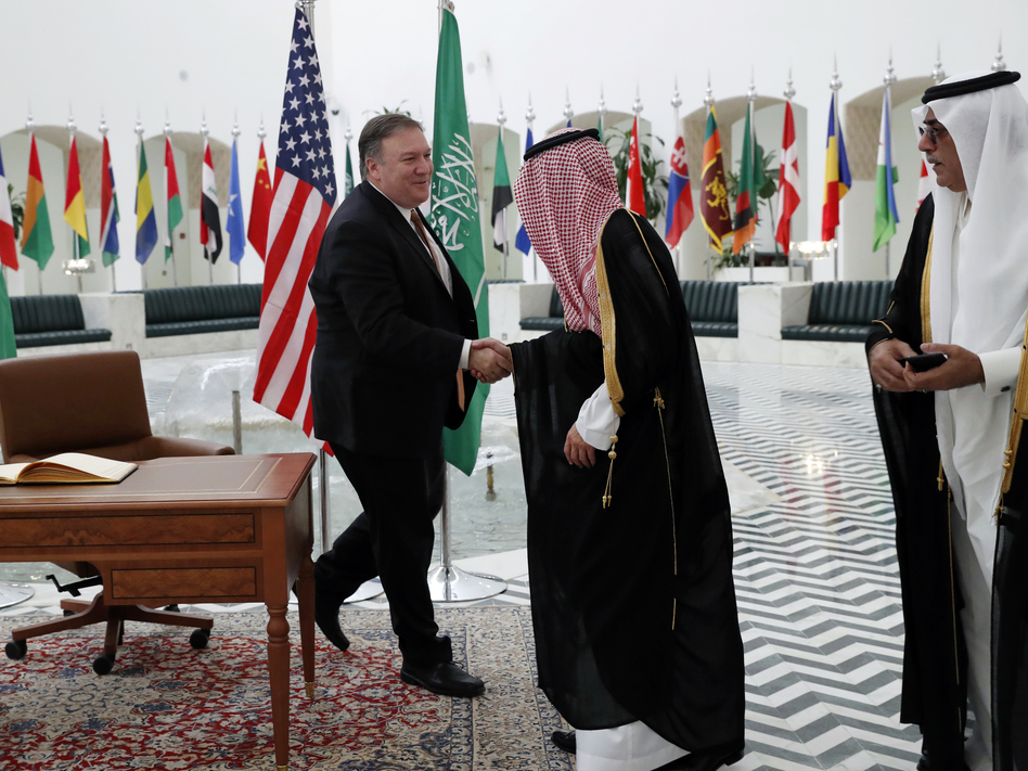 Secretary of State Mike Pompeo shakes hands with Saudi Foreign Minister Adel al-Jubeir in Riyadh, Saudi Arabia, on Tuesady. (Leah Mills/AP)