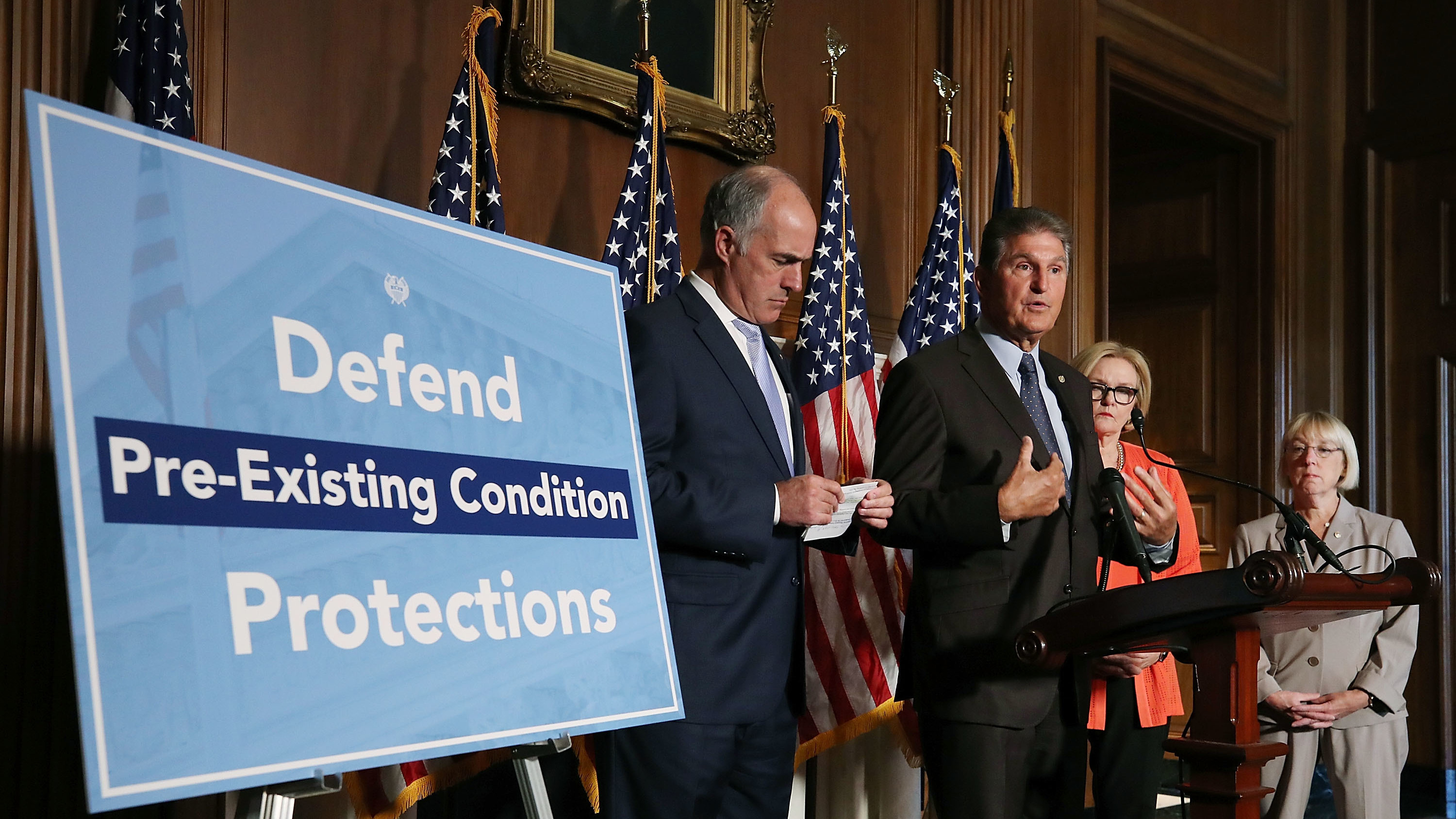 Sen. Joe Manchin, D-W.Va., speaks on a proposed protection plan for people with pre-existing health conditions at a news conference in July. The fate of Obamacare could be decided by which party wins control of Congress in November. (Getty Images)