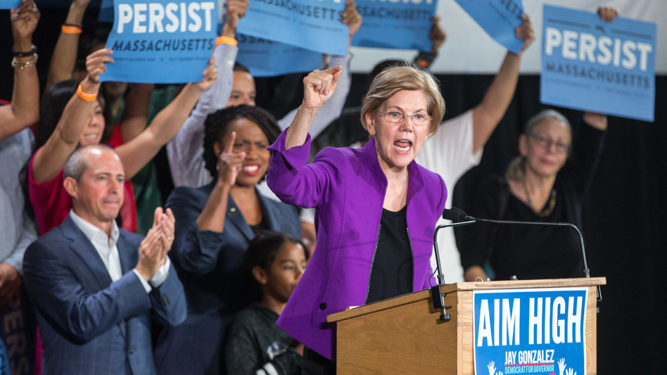 Sen. Elizabeth Warren speaks at a rally for Democratic gubernatorial candidate Jay Gonzalez (left) and congressional Democratic candidate Ayanna Pressley (second from left). (Scott Eisen/Getty Images)