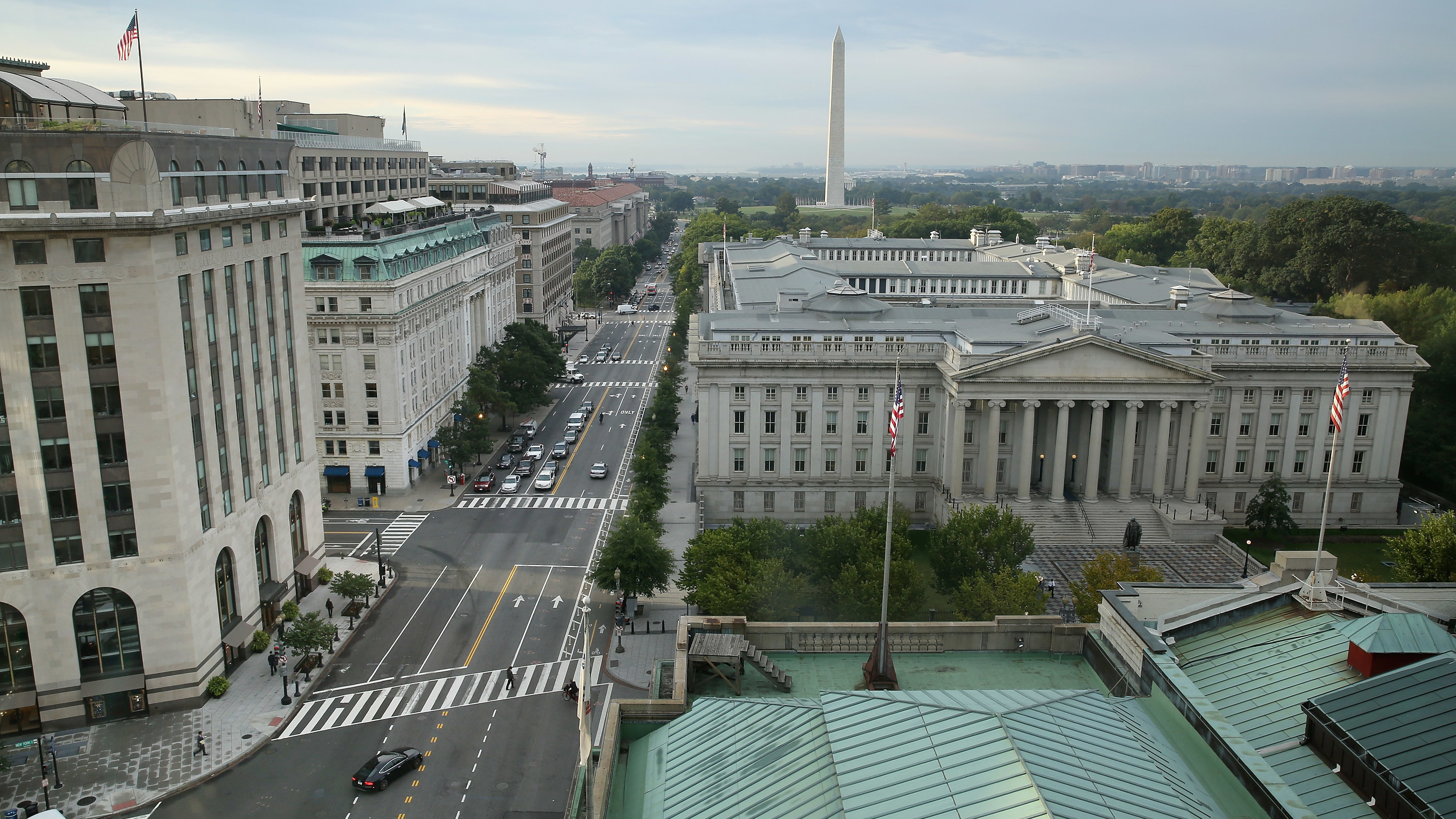 Treasury Building in Washington, D.C. The trend toward rising red ink was widely anticipated, given the GOP tax cuts and other government policies, including the president's demand for beefed-up military spending. (Getty Images)