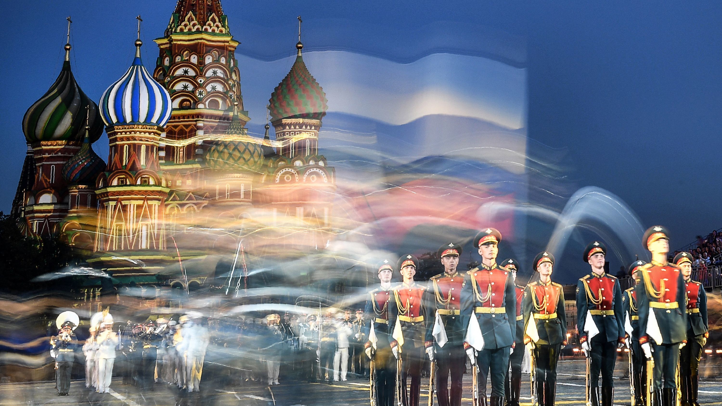 Russian honor guards perform during an international military and music festival on the Red Square in Moscow on August 24, 2018.