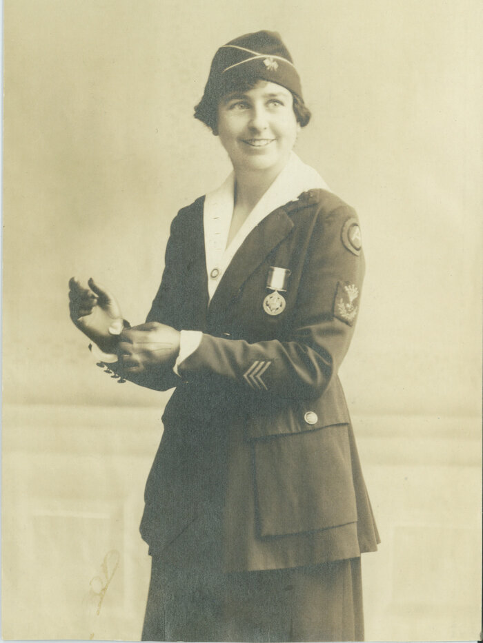 Grace Banker in her military uniform with Distinguished Service Medal. According to her grandchildren, the photo was likely taken in a studio in the U.S. after she returned from World War I in France. (Courtesy of Robert, Grace and Carolyn Timbie)