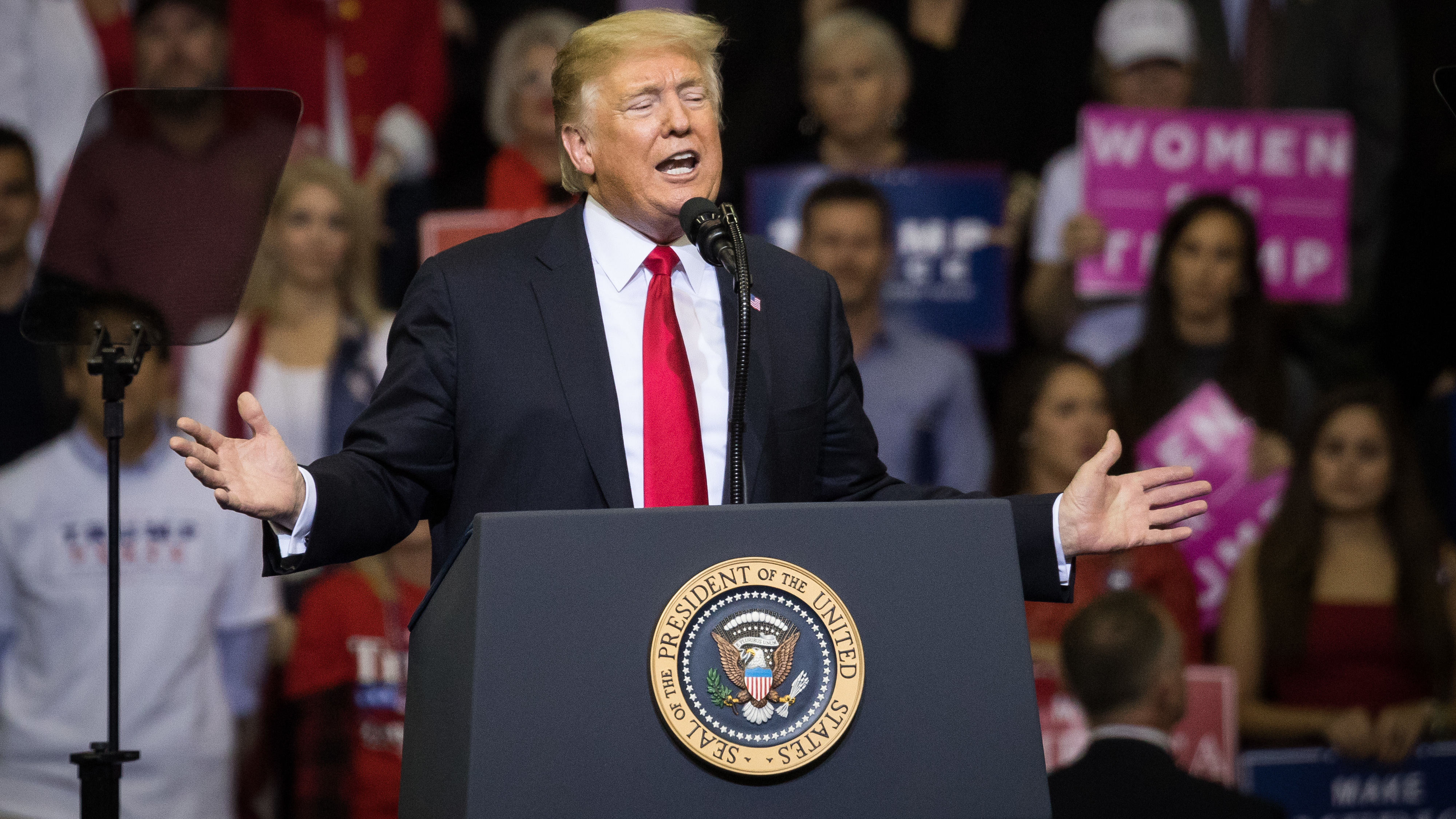 President Trump addresses the crowd during a rally in support of Sen. Ted Cruz, R-Texas, on Monday in Houston. (Getty Images)