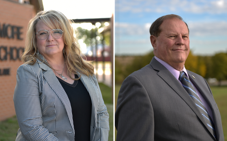 Republican Sherrie Conley (left) and Democrat Steve Jarman are competing to represent the same district in Oklahoma's House of Representatives. Both have more than a decade of teaching experience. (Nick Oxford for NPR)