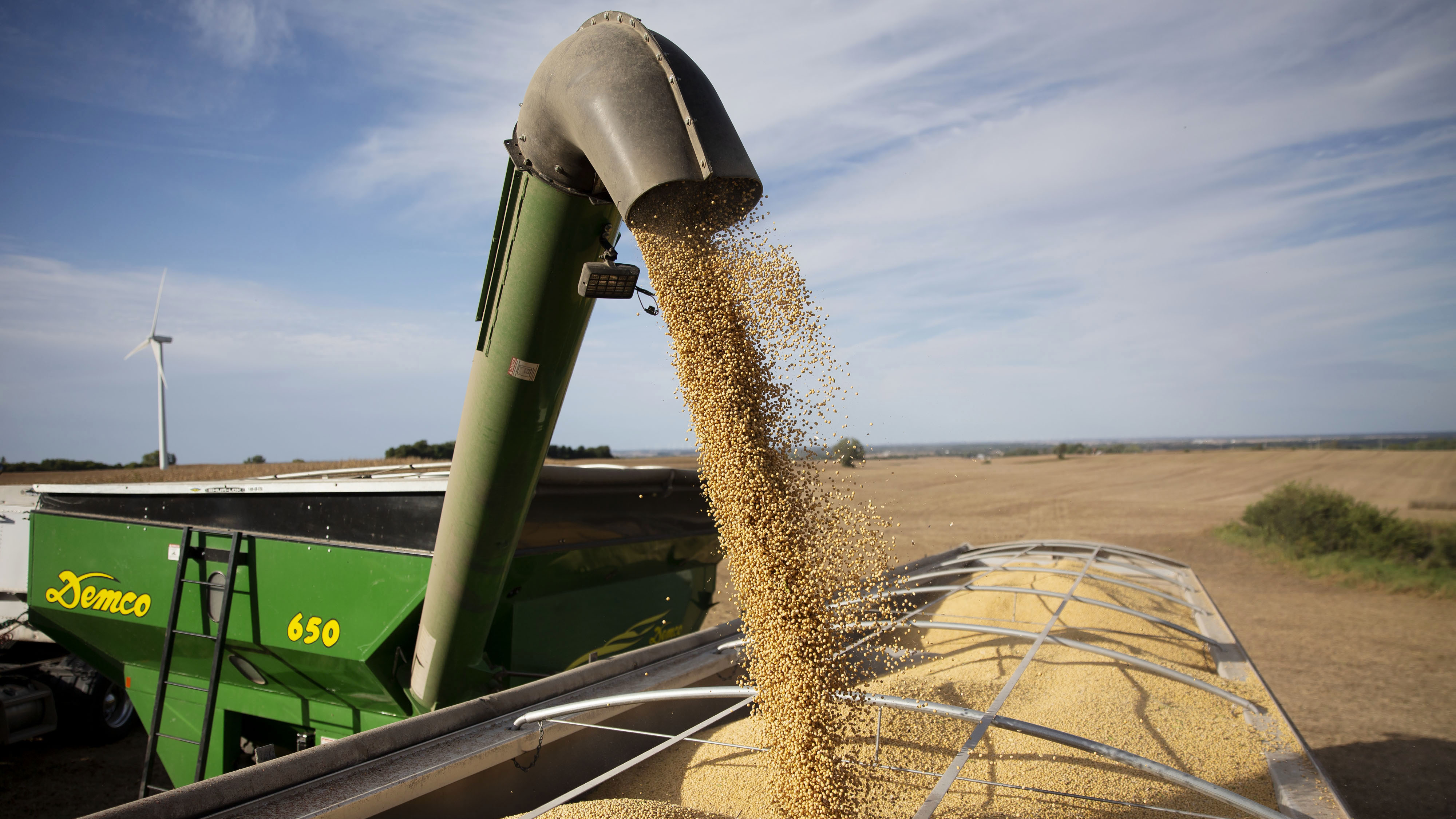 Soybeans are unloaded onto a truck in Tiskilwa, Ill.