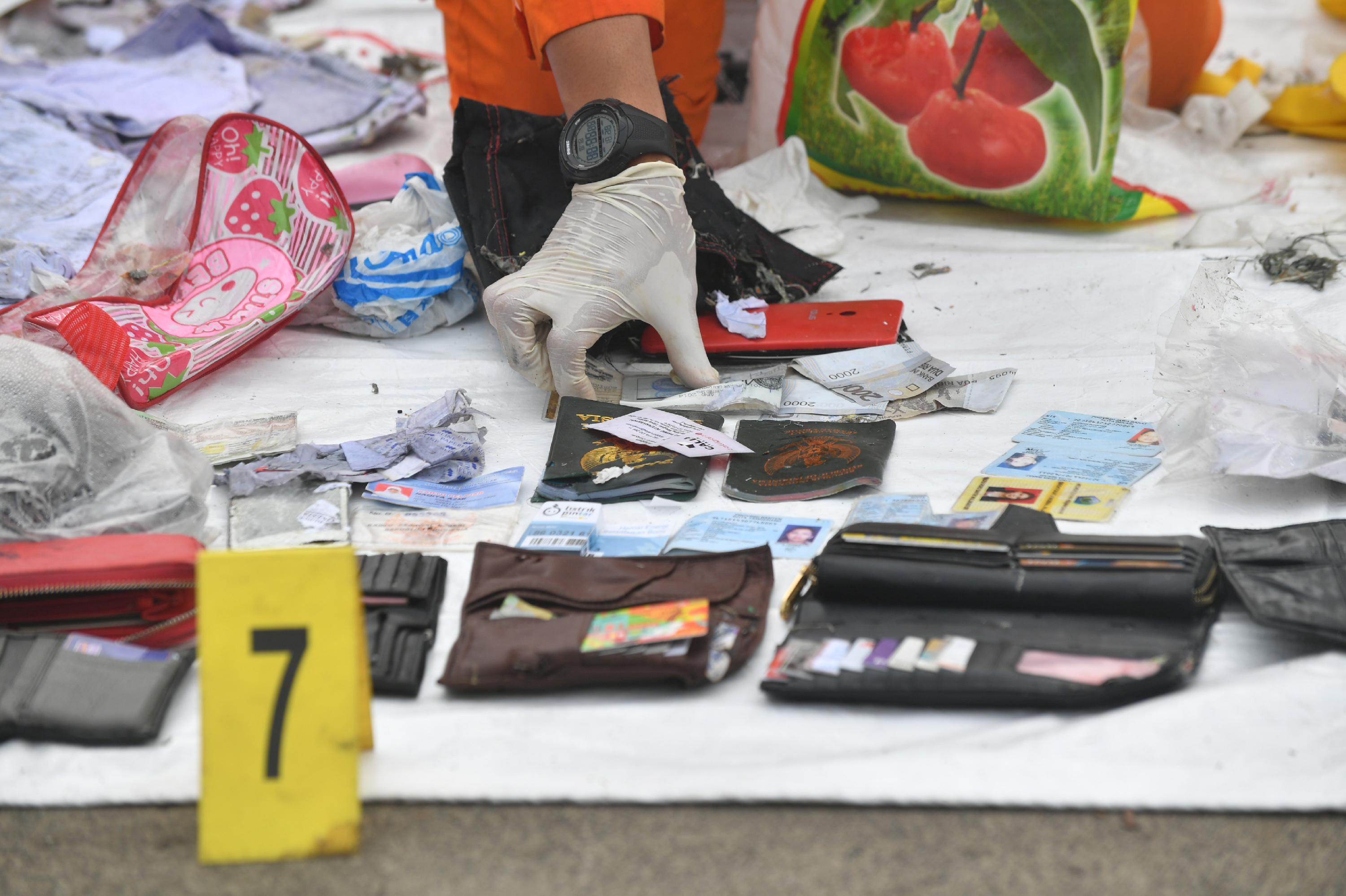 Indonesian search and rescue members place new evidence of personal items from the Lion Air flight JT610 at the Jakarta port on Tuesday. (AFP/Getty Images)