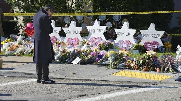 Stars of David memorialize Jewish congregants killed at a synagogue in Pittsburgh on Saturday. (Kyodo News via Getty Images)