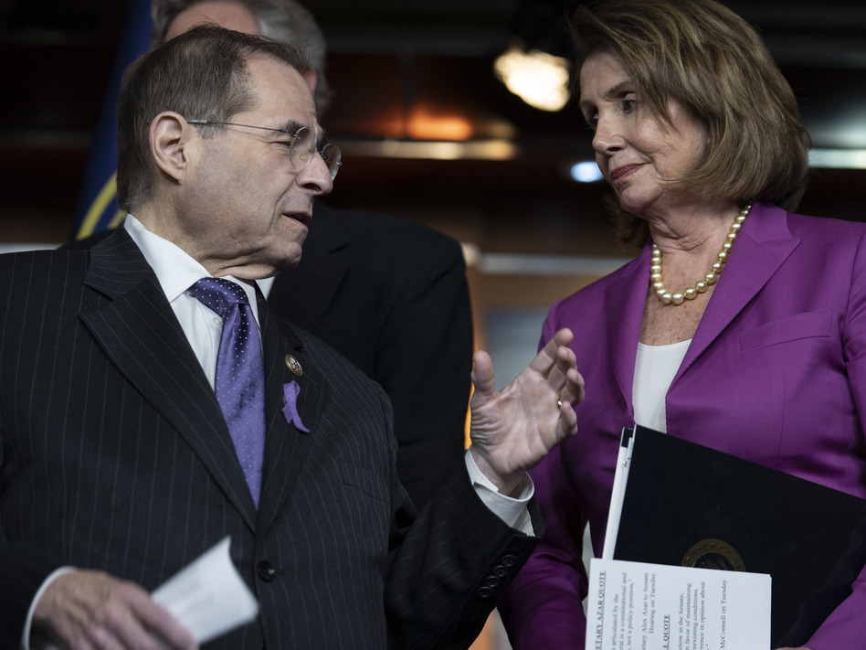 House Judiciary Committee Ranking Member Jerry Nadler talks with Minority Leader Nancy Pelosi. Top Democrats say that if they take control of the House, they'll focus on investigating — not impeaching — President Trump. (Toya Sarno Jordan/Getty Images)