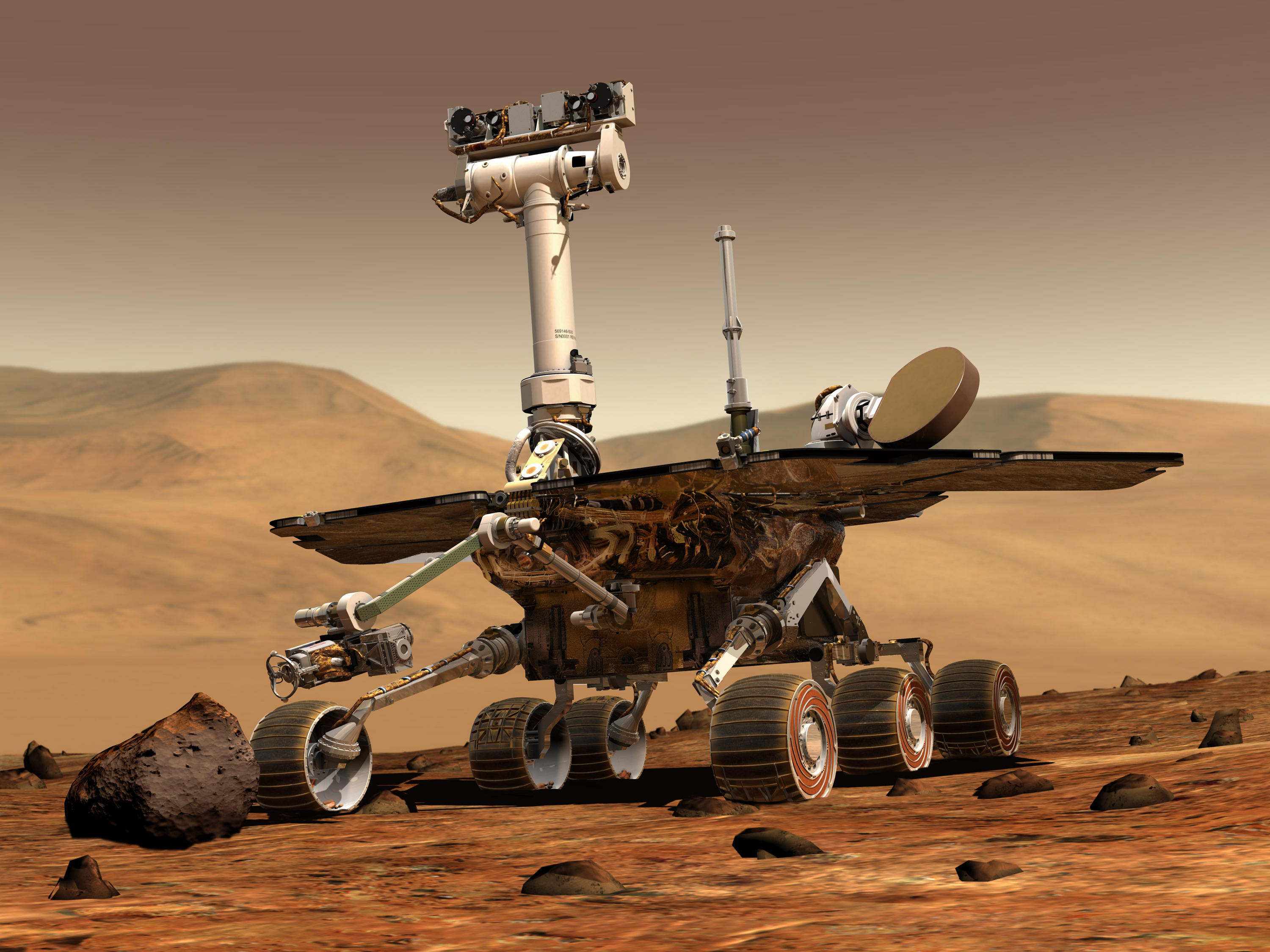 An artist's concept portrays a NASA rover exploring the surface of Mars. (Courtesy NASA/JPL-Caltech)