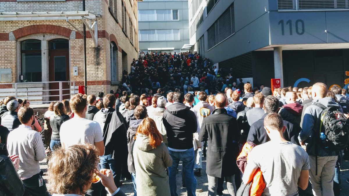 People participate in a walkout at the Google office in Zurich on Thursday.