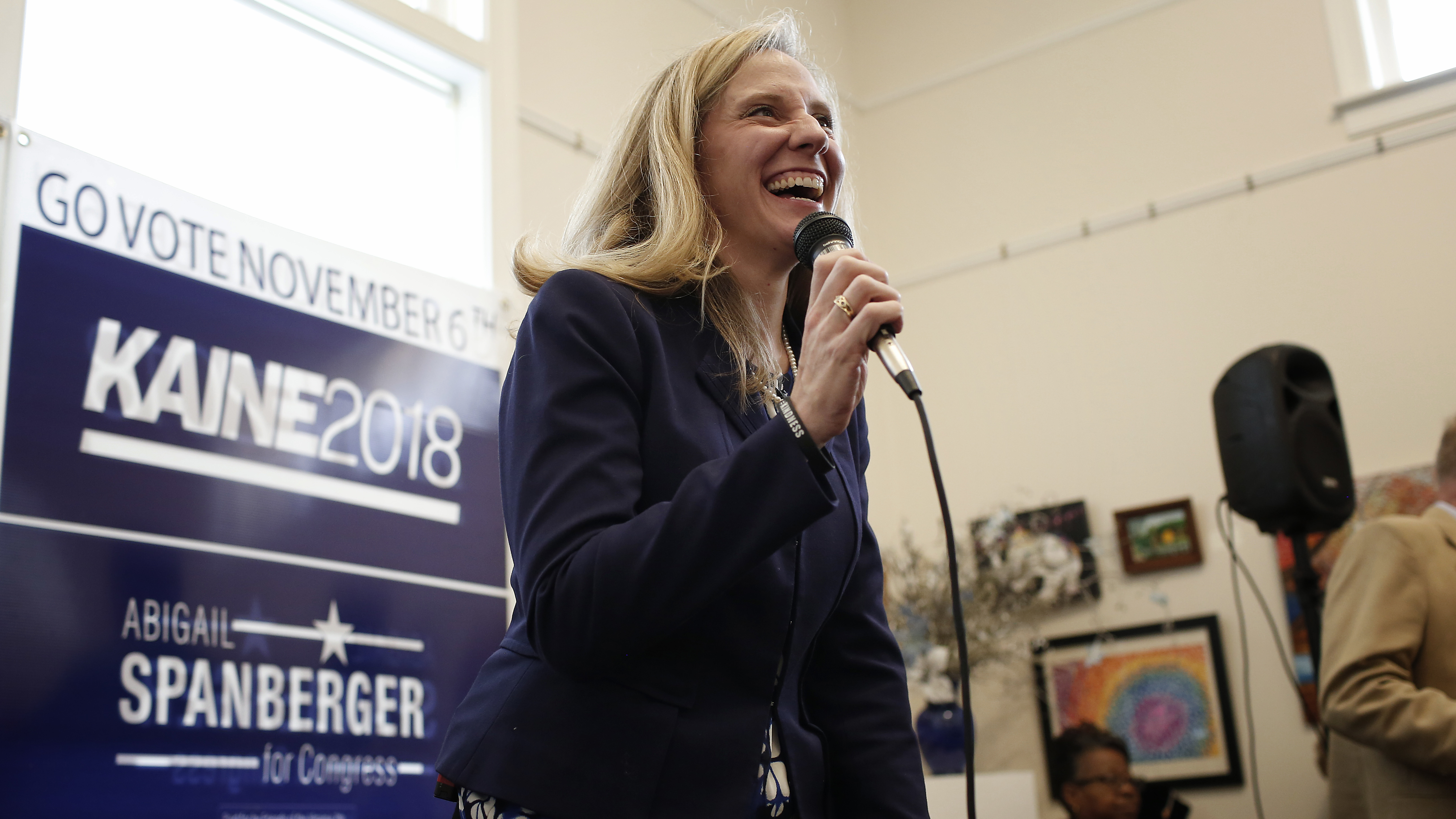 Abigail Spanberger, Democratic candidate for Virginia's Seventh District in the House of Representatives, addresses supporters Thursday. She's one of 10 Democratic non-incumbent women running in toss-up districts. (Getty Images)