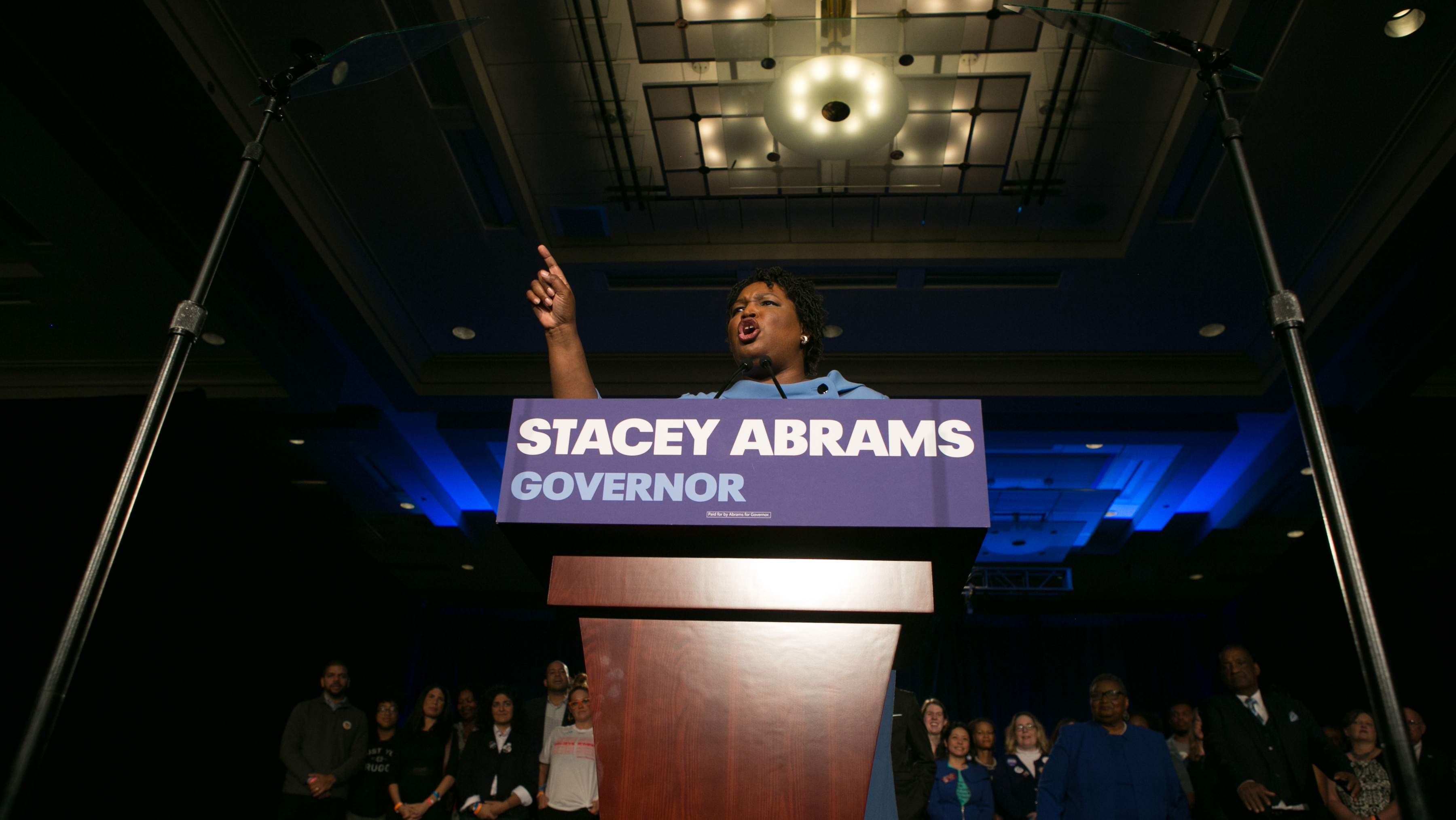 Stacey Abrams addresses her supporters at an election watch party early Wednesday in Atlanta. She and her opponent, Republican Brian Kemp, are locked in a gubernatorial race that remains too close to call. (Getty Images)
