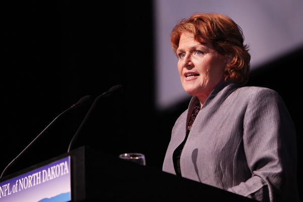 Heidi Heitkamp speaks to delegates at the North Dakota Democratic state convention in Grand Forks, N.D., in 2012.