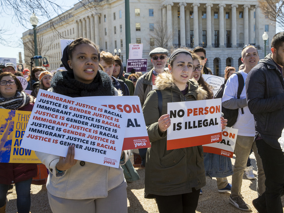 Deferred Action for Childhood Arrival recipients and other young immigrants rally at the U.S. Capitol in Washington in March. A federal appeals court has blocked the Trump administration's effort to end the program. (J. Scott Applewhite/AP)