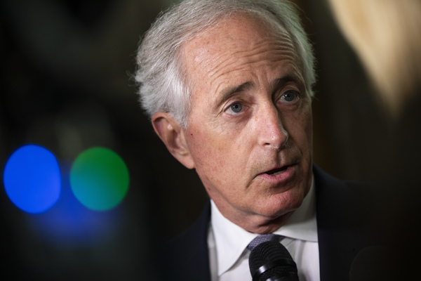 Republican Sen. Bob Corker of Tennessee speaks to reporters about Supreme Court nominee Brett Kavanaugh on Sept. 25.