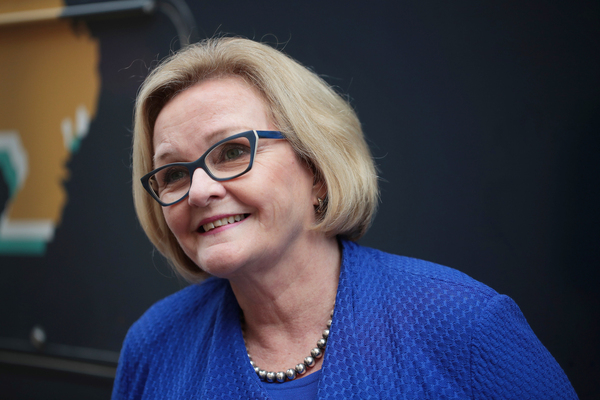 Democratic Sen. Claire McCaskill of Missouri fields questions from reporters following a campaign stop in St. Louis on Nov. 4.