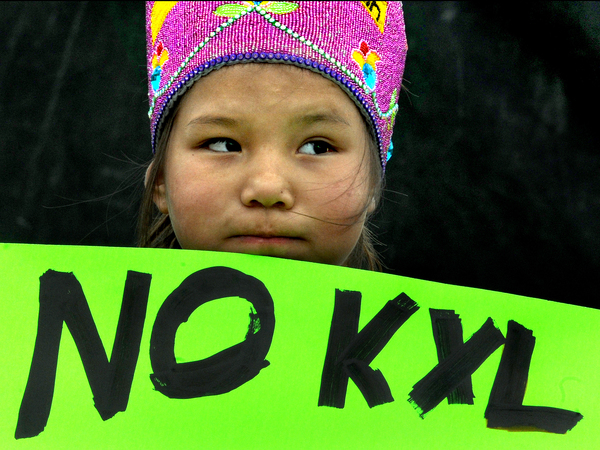 Shawnee Rae, age 8, among a group of Native American activists from the Sisseton-Wahpeton tribe protesting the Keystone XL Pipeline in Watertown, S.D. in 2015.