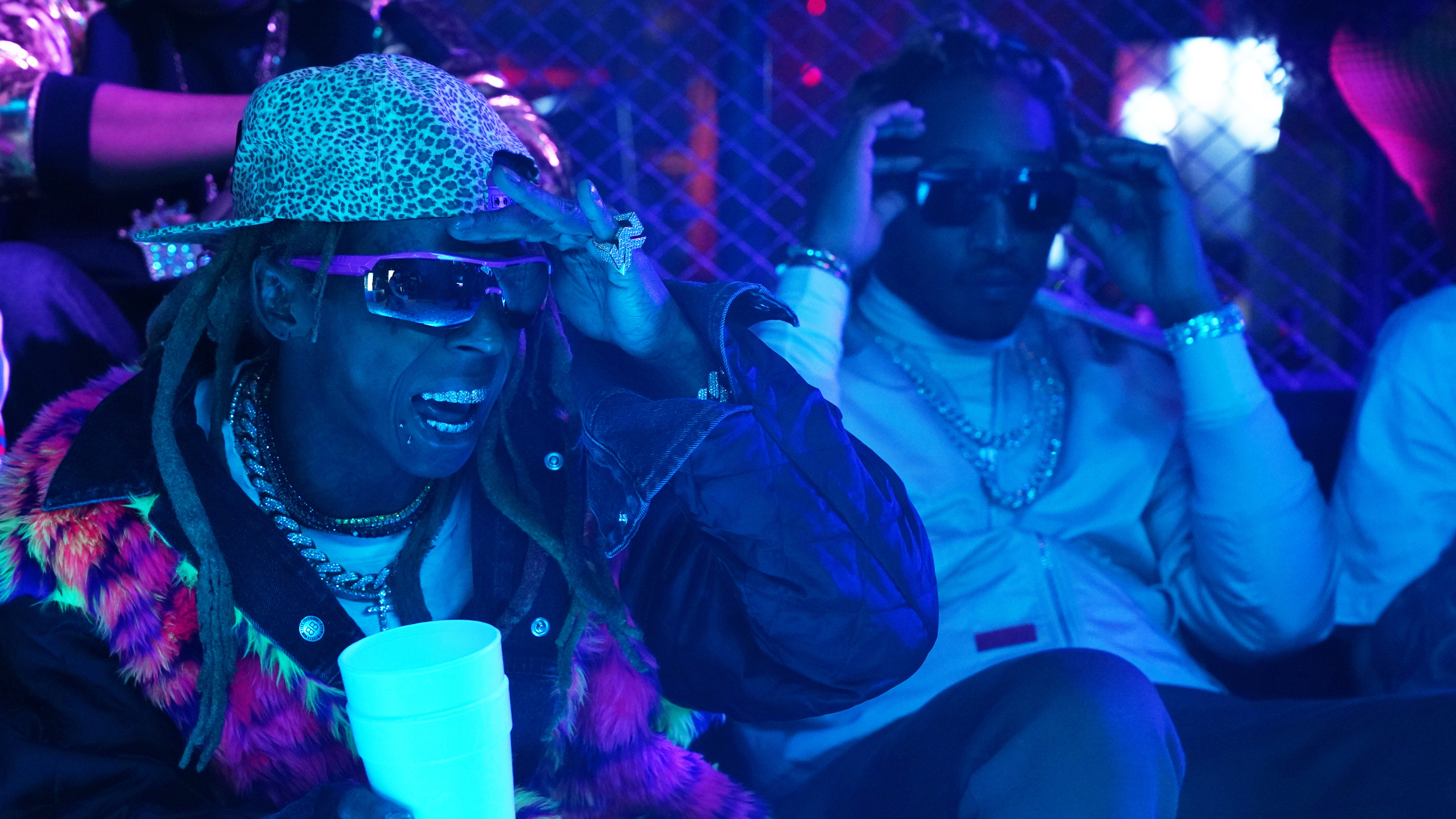 Lil Wayne, left, with Future during the sketch &quot;Booty Anthem,&quot; from the Nov. 10, 2018 episode of <em>Saturday Night Live</em>. (Rosalind O'Connor/NBC)