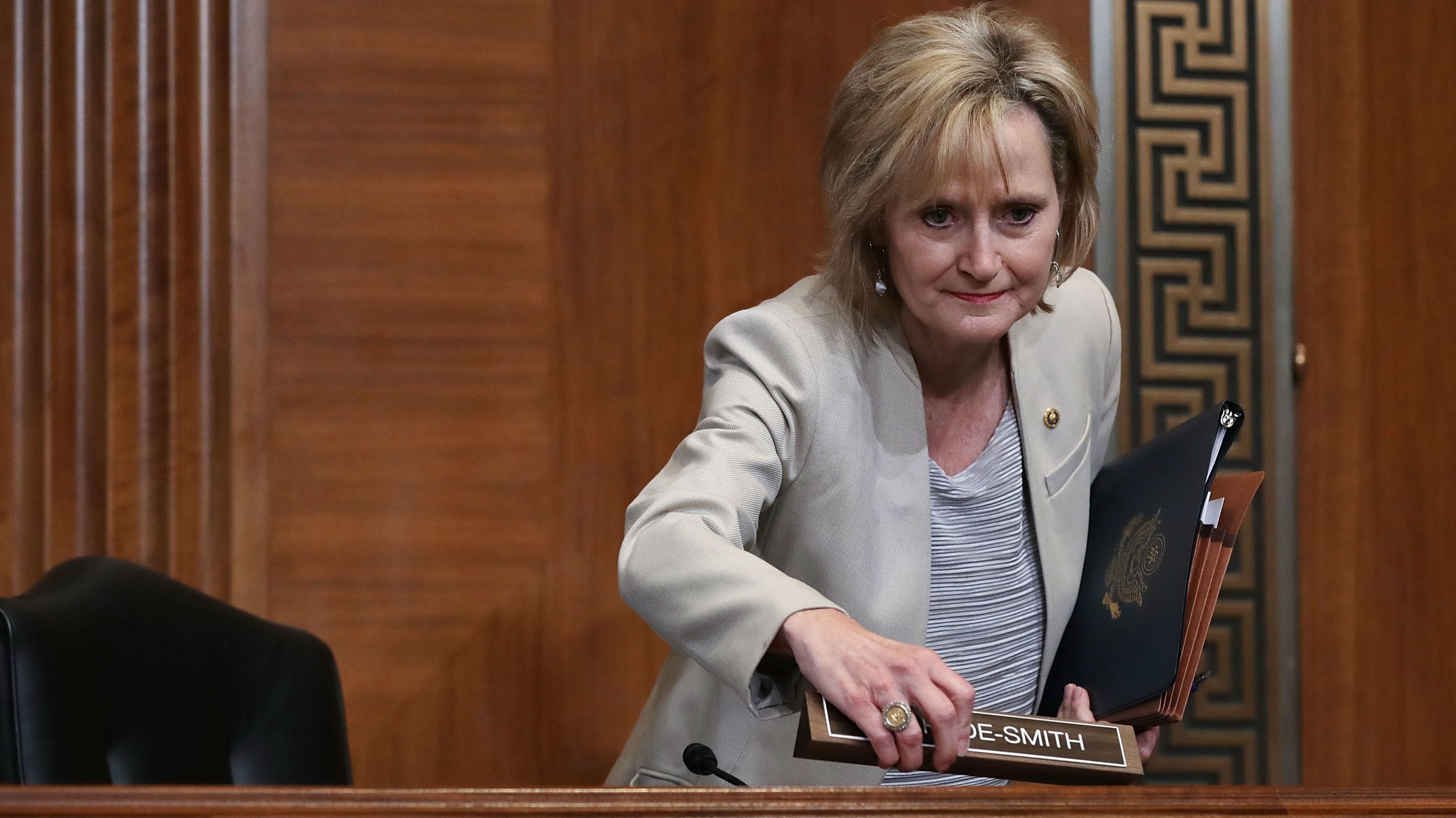 Sen. Cindy Hyde-Smith, R-Miss., at a Senate hearing in May. She is under sharp criticism for her comments about a &quot;public hanging&quot; in a state with a dark history of lynchings. (Getty Images)