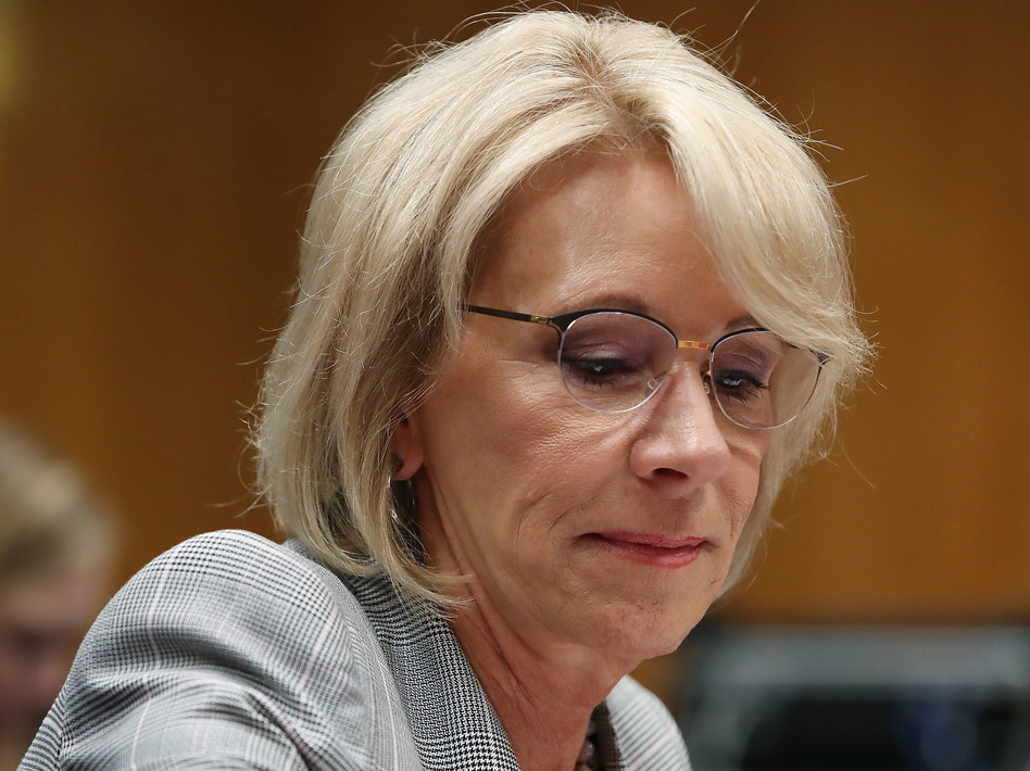 Education Secretary Betsy DeVos faces a new lawsuit filed on Tuesday. It alleges the Dept. of Education has failed to comply with the Borrowers Defense rule, a student loan forgiveness program that would automatically cancel debt for borrowers whose schools have closed. (Mark Wilson/Getty Images)