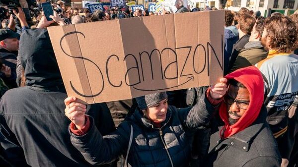 Protesters gather in Long Island City to say "no" to the Amazon "HQ2" decision to establish part of its second headquarters in the New York City neighborhood.