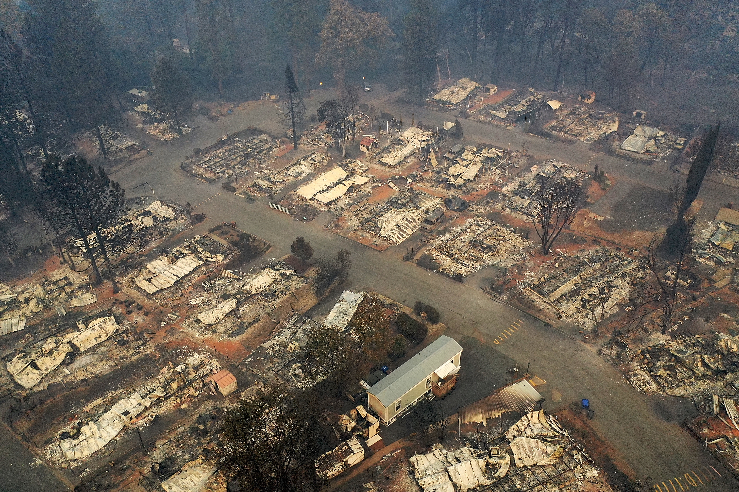 An aerial view of a neighborhood destroyed by the Camp Fire in Paradise, Calif. Fueled by high winds and low humidity, the wildfire ripped through the town, charring more than 140,000 acres and killing more than 70 people. (Getty Images)
