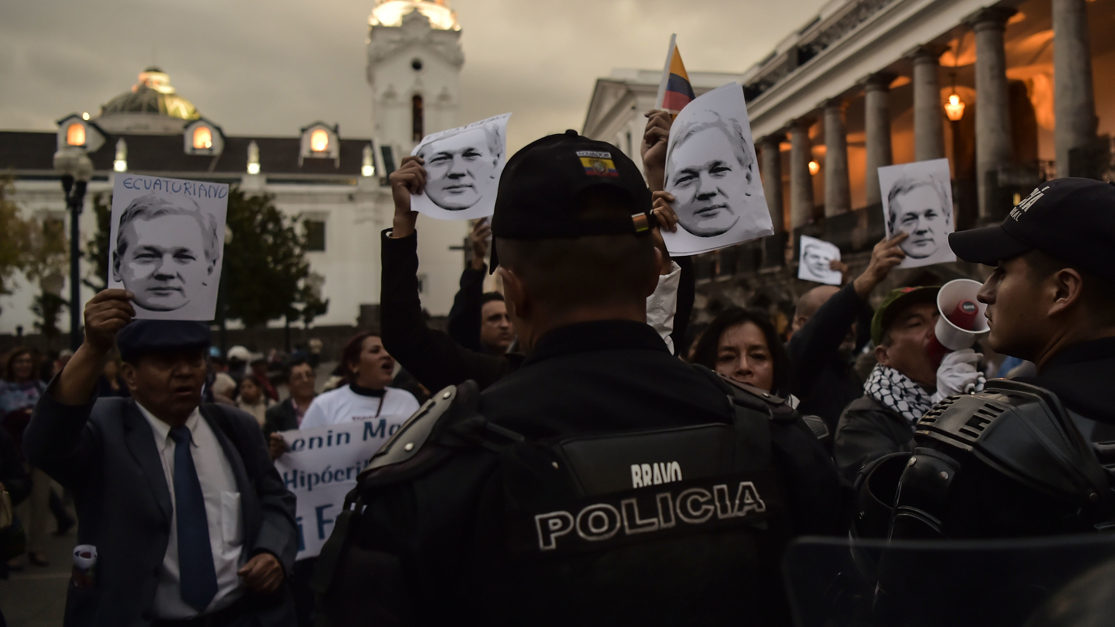 Demostrators in Quito, Ecuador, show their support for WikiLeaks founder Julian Assange, who has been holed up at the Ecuadorian Embassy in London since 2012, in October.