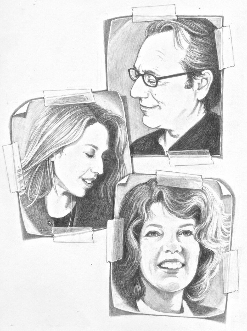 Santlofer based these sketches of himself, daughter Doria and his late wife Joy on family photographs.