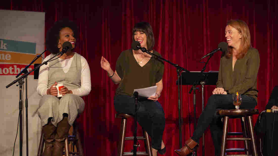Ophira Eisenberg interviewing Ask Me Another guests Amber Ruffin and Michelle Wolf at the Bell House in Brooklyn, New York.