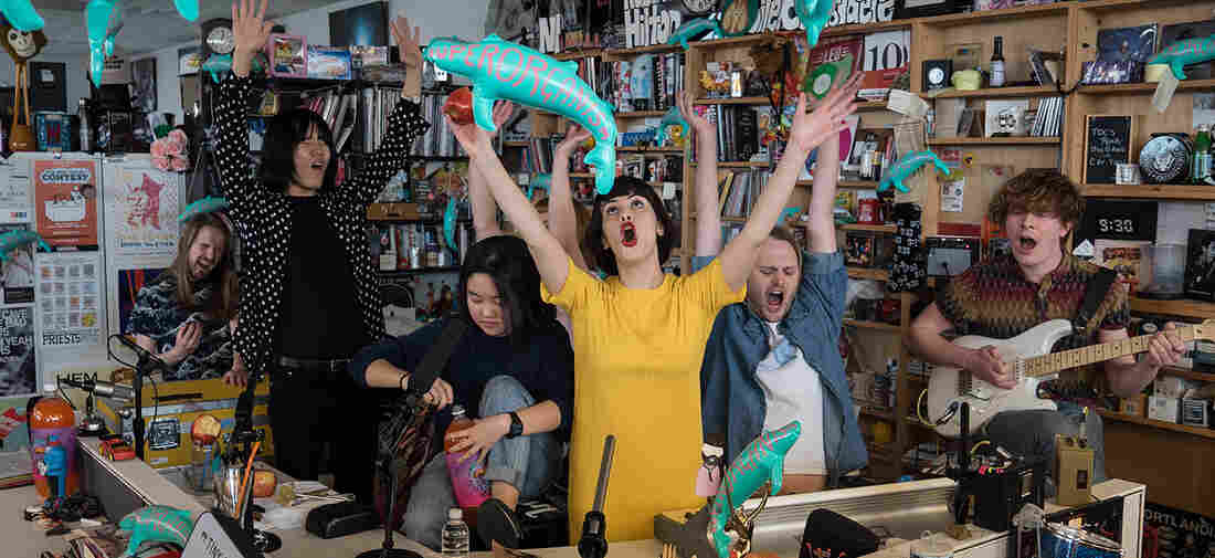 Superorganism performs a Tiny Desk Concert on April 3, 2018 (Jenna Sterner/NPR).