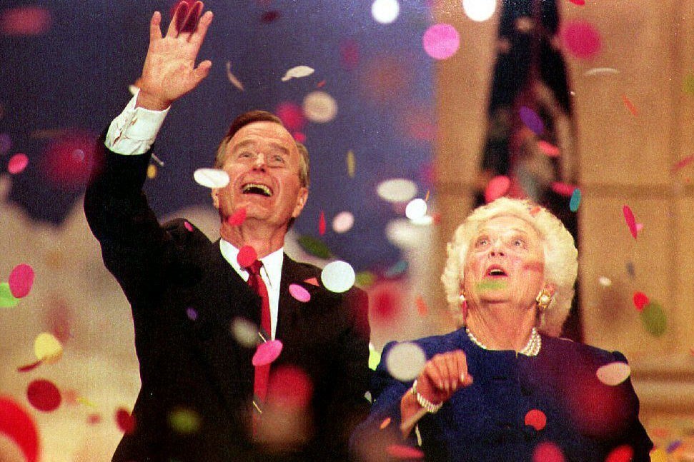 Then-President George H.W. Bush and first lady Barbara Bush play with confetti at the 1992 Republican National Convention in Houston. Bush went on to lose his bid for re-election to Bill Clinton. (AFP/Getty Images)