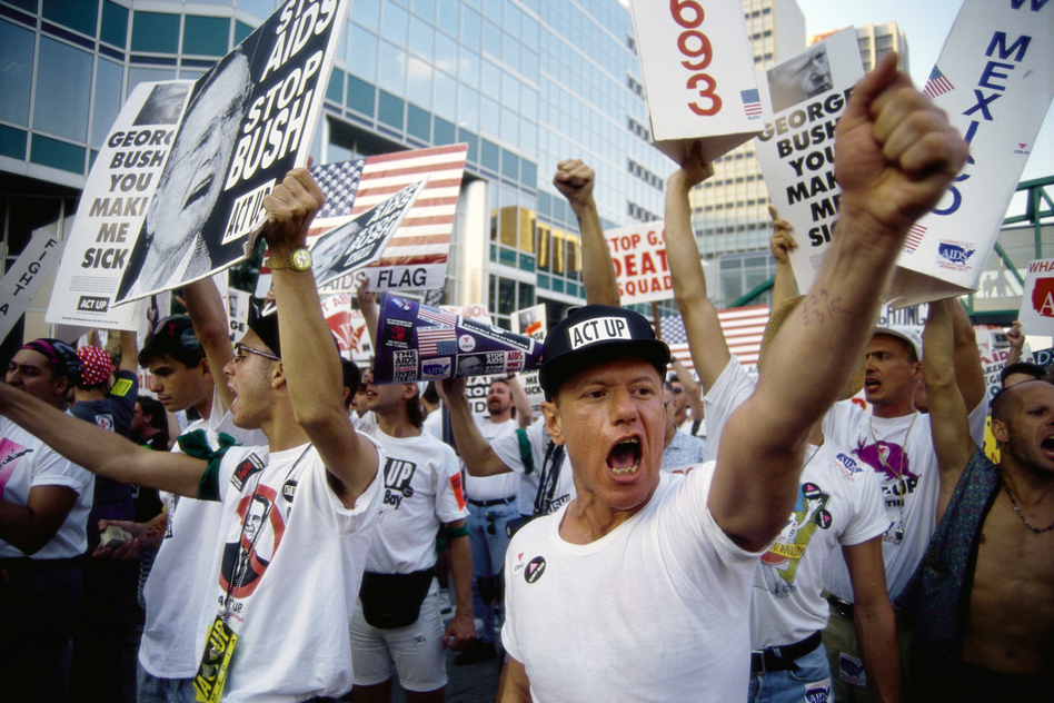 ACT UP demonstrators shout and carry posters outside the 1992 Republican National Convention. (Gregory Smith/Corbis/Getty Images)