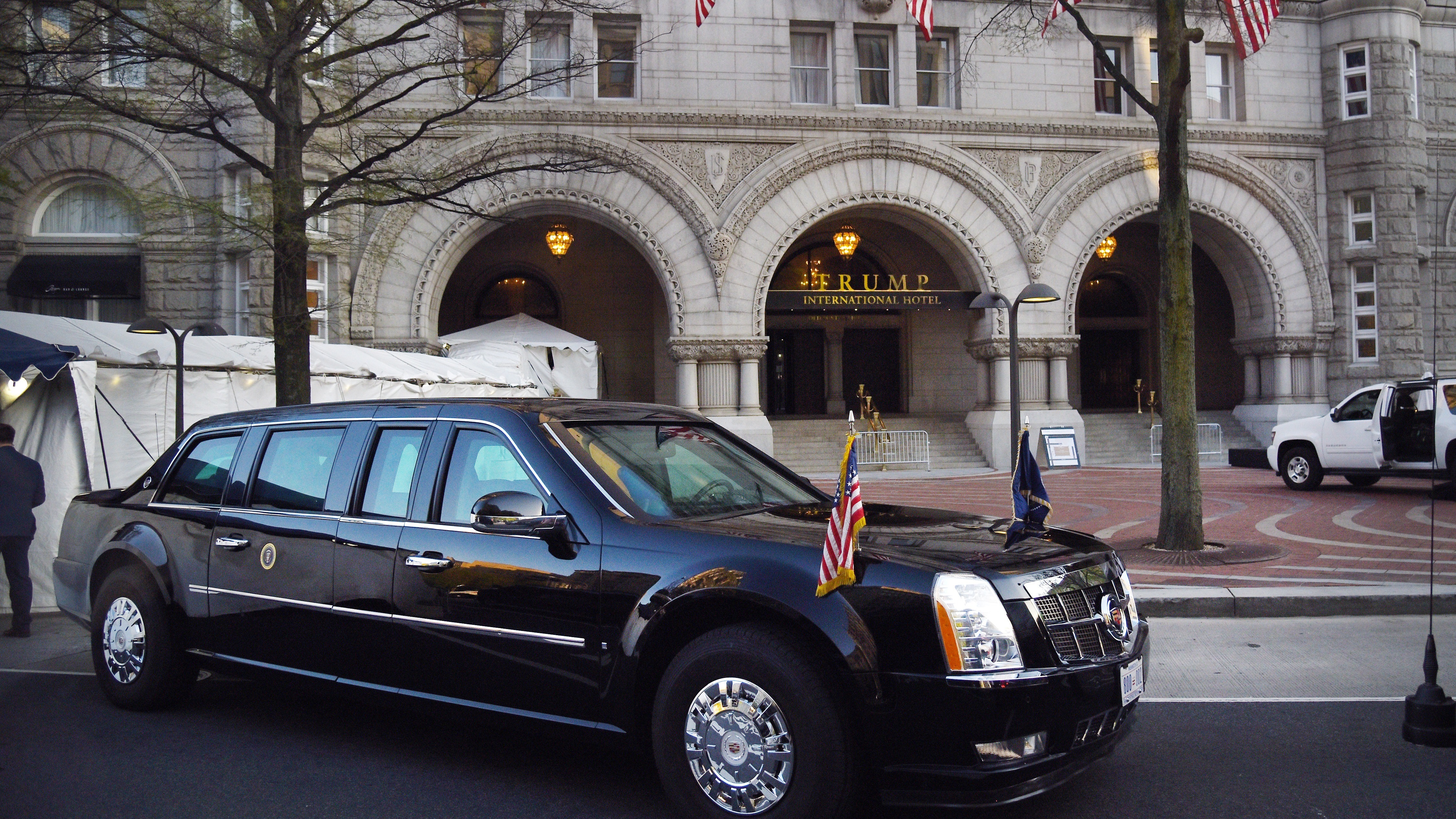 The presidential limousine, aka &quot;The Beast,&quot; is parked in front of the Trump International Hotel as President Trump attends dinner with supporters on April 30 in Washington, D.C. (Getty Images)