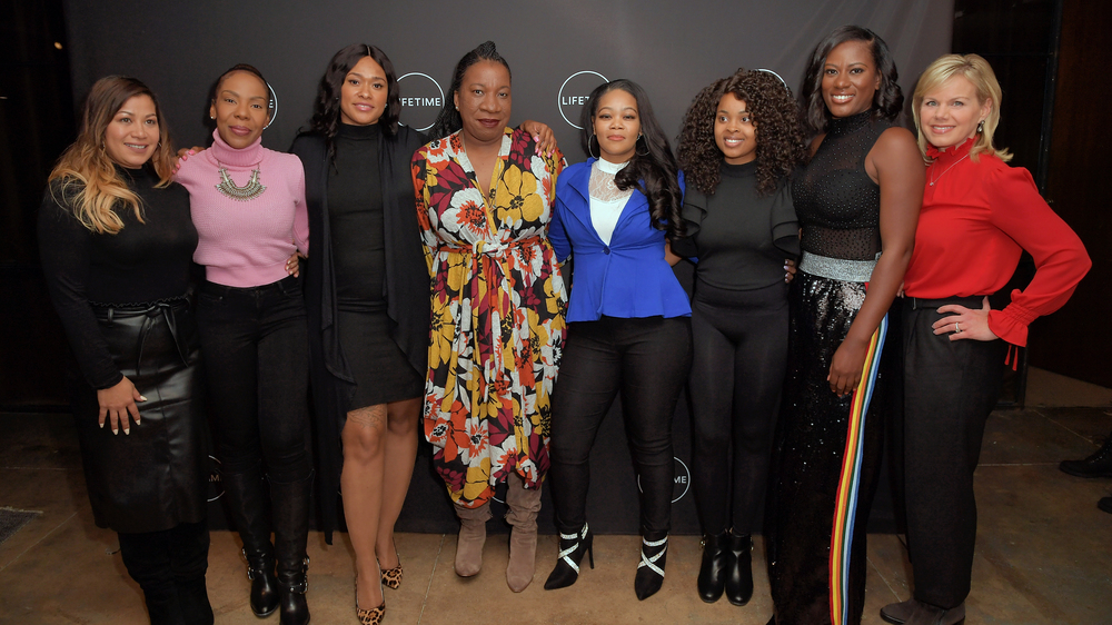 From left: Lizzette Martinez, Andrea Kelly, Lisa Van Allen, Tarana Burke, Kitti Jones, Jerhonda Pace, Asante McGee and Gretchen Carlson, photographed prior to a screening of the Lifetime series <em>Surviving R. Kelly </em>on Dec 4, 2018 in New York. The event was evacuated after multiple anonymous threats were made. (Getty Images for A+E)
