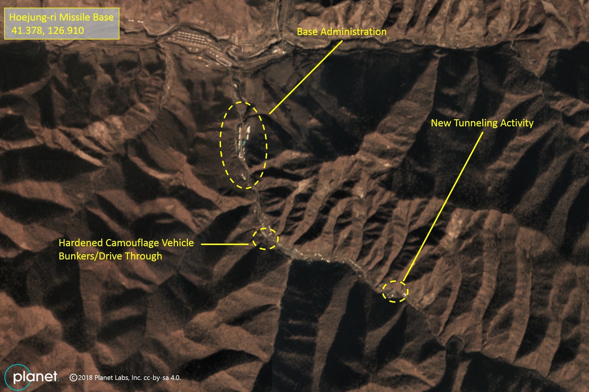 Satellite images reveal tunneling and other construction activity at two sites believed to house long-range missiles. (D Schmerler/MIIS/PlanetLabs)