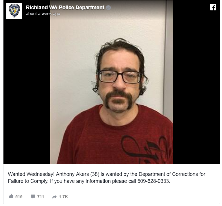 Anthony Akers, 38, turned himself in after responding online to a "Wanted Wednesday" callout by Richland Police Department in Washington state, seeking his arrest.