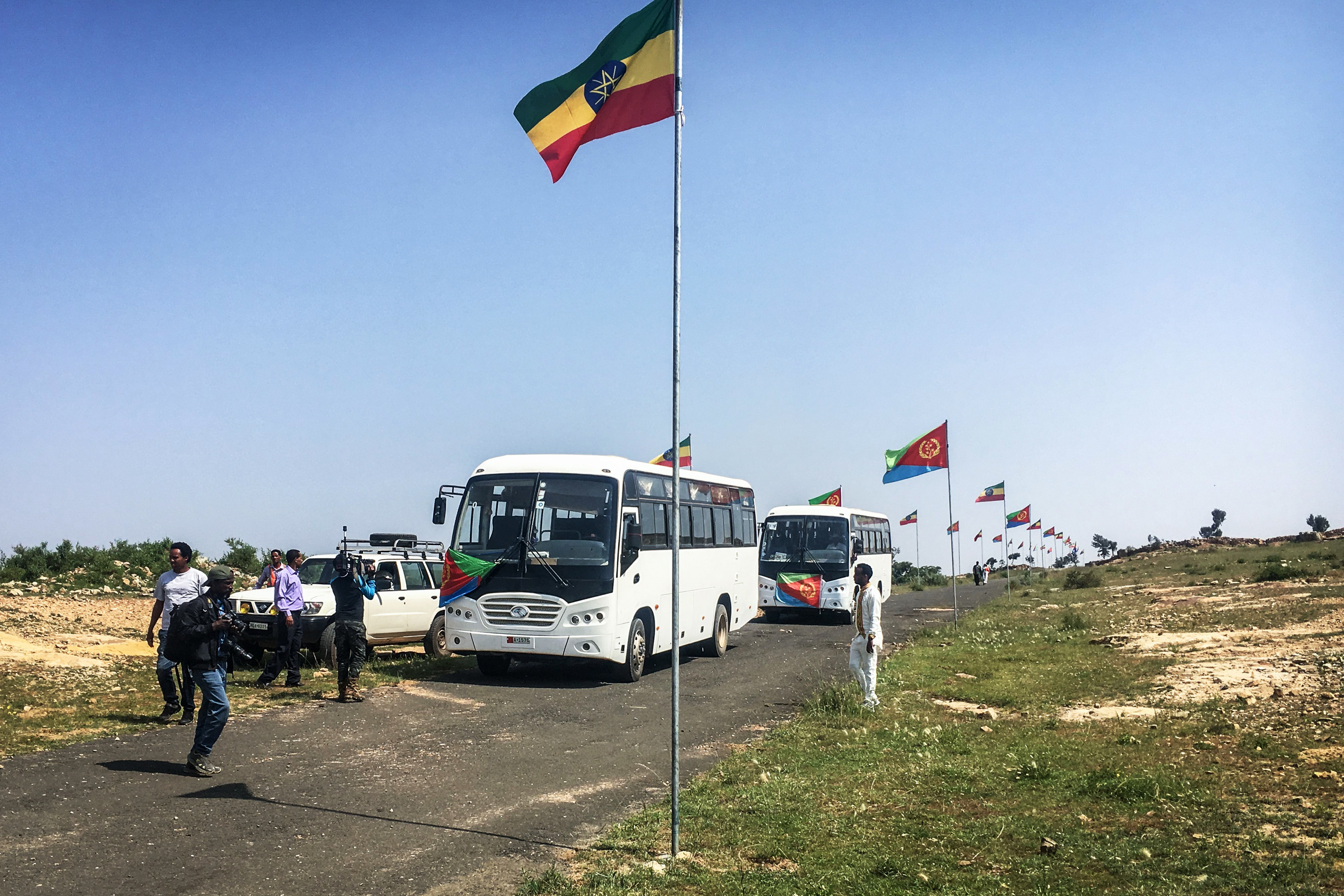 National flags are seen along the road to Eritrea in Zalambessa, northern Ethiopia, in September before a border reopening ceremony. Two land border crossings between Ethiopia and Eritrea were reopened for the first time in nearly 20 years. (AFP/Getty Images)