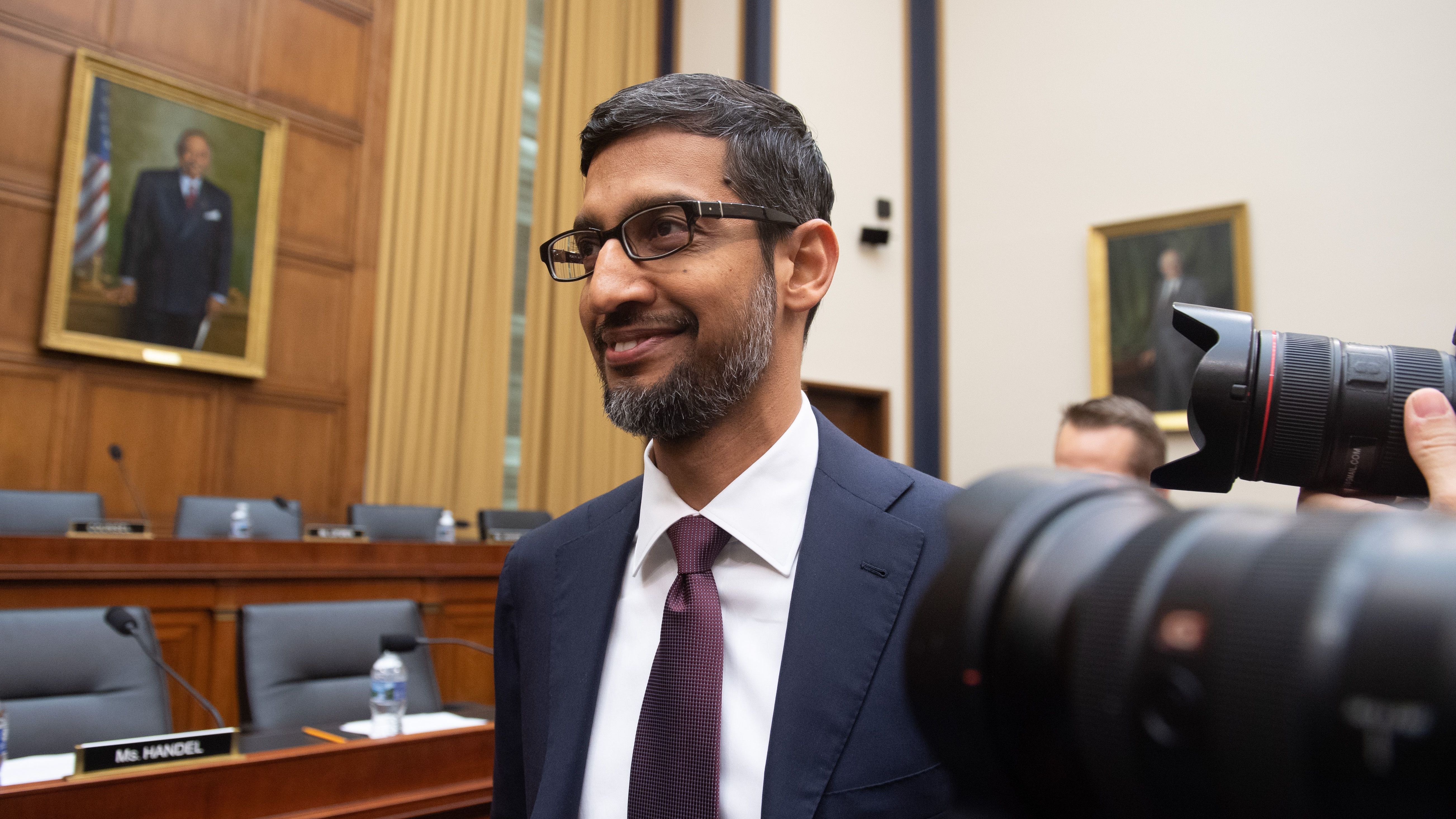 Google CEO Sundar Pichai arrives to testify during a House Judiciary Committee hearing on Capitol Hill on Tuesday.