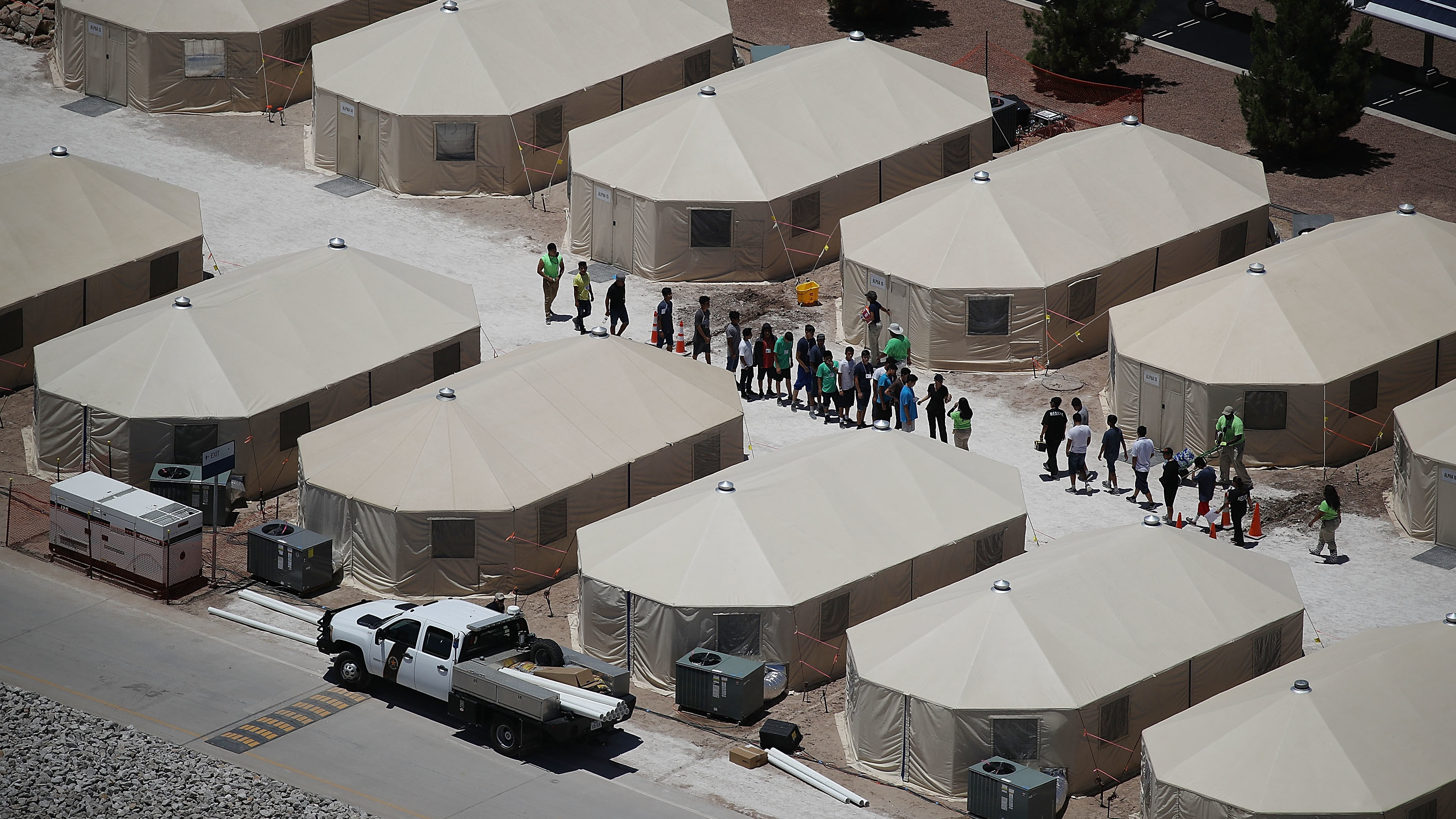 Children and workers are at a tent encampment in June near the Tornillo Port of Entry in Tornillo, Texas. (Getty Images)