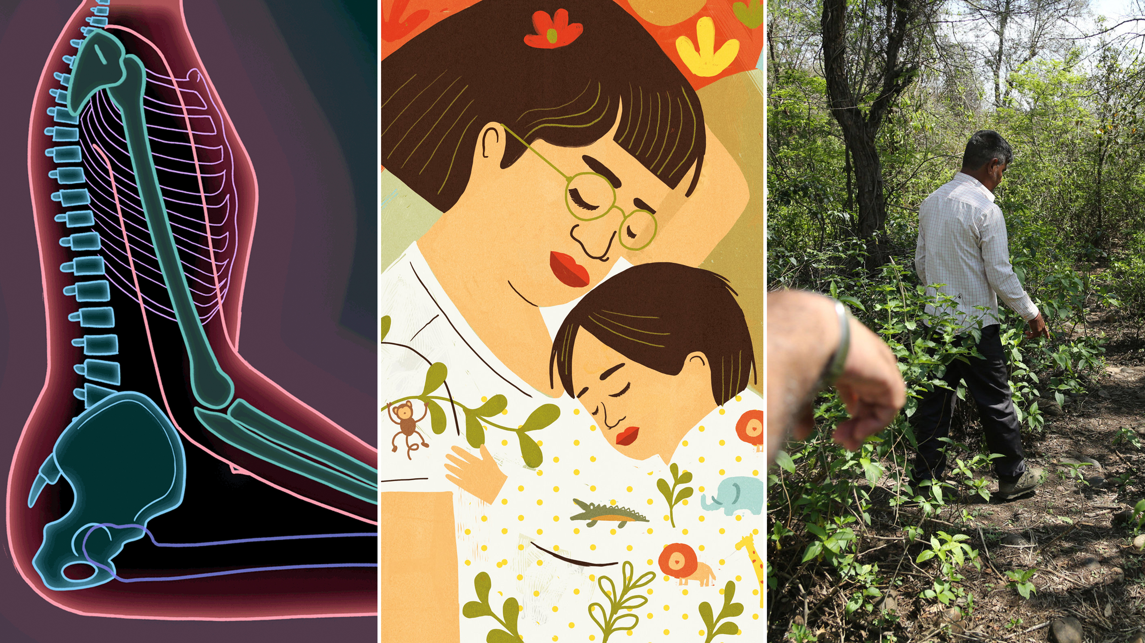 Some images from Goats and Soda's top stories of 2018. From left: changing the way we sit to fix back pain; is sleeping with your baby dangerous?; men walk near the site where the body of an 8-year-old girl, who was raped and murdered, was found. (From left: Lily Padula for NPR; Fabio Consoli for NPR; Channi Anand/AP)