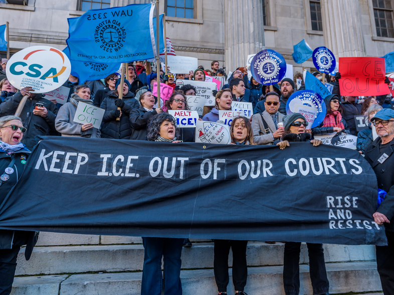 The Association of Legal Aid Attorneys along with dozens of unions, immigrant rights organizations, and community groups held a rally on December 7, 2017 at Brooklyn Borough Hall to call on the Office of Court Administration and Chief Judge Janet DiFiore to prohibit Immigration & Customs Enforcement agents from entering state courthouses, and to end coordination with ICE. (Pacific Press/LightRocket via Getty Images)