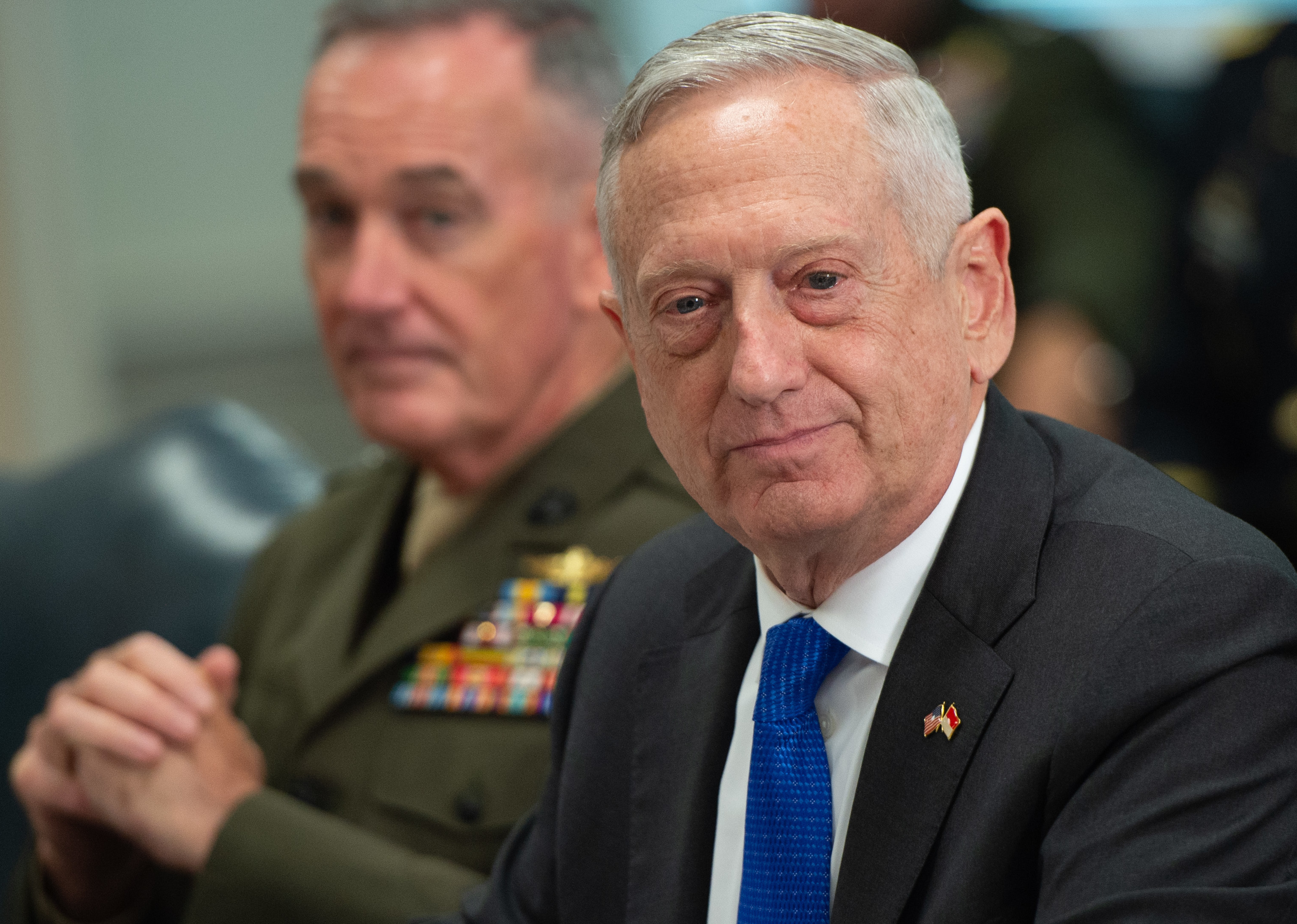 Defense Secretary Jim Mattis, pictured in August during a meeting at the Pentagon, will step down from his position on Feb. 28. (AFP/Getty Images)