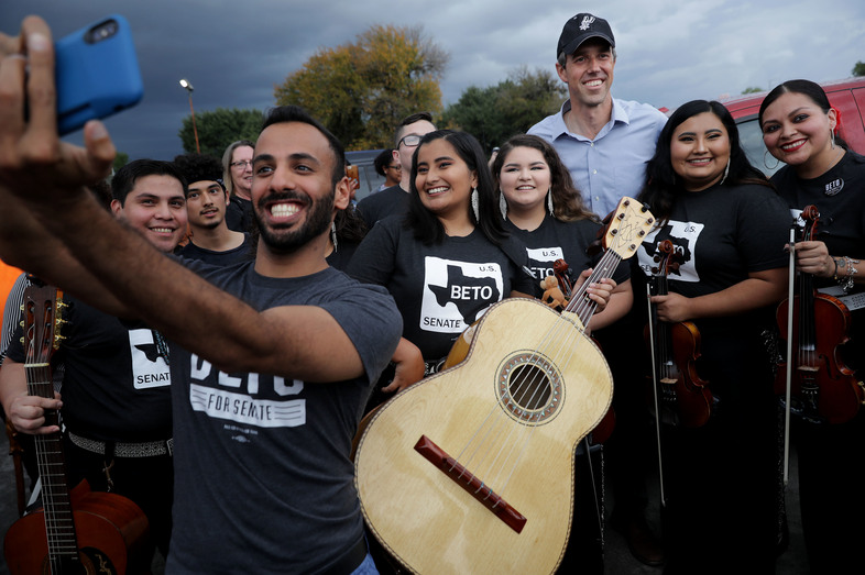 Then-U.S. Senate candidate Rep. Beto O'Rourke (D-Texas) poses with members of a mariachi band during an October 2018 campaign rally in San Antonio, Texas. O'Rourke is one of a score of Democratic politicians talking more explicitly about issues of race than previous generations of Democrats. (Chip Somodevilla/Getty Images)