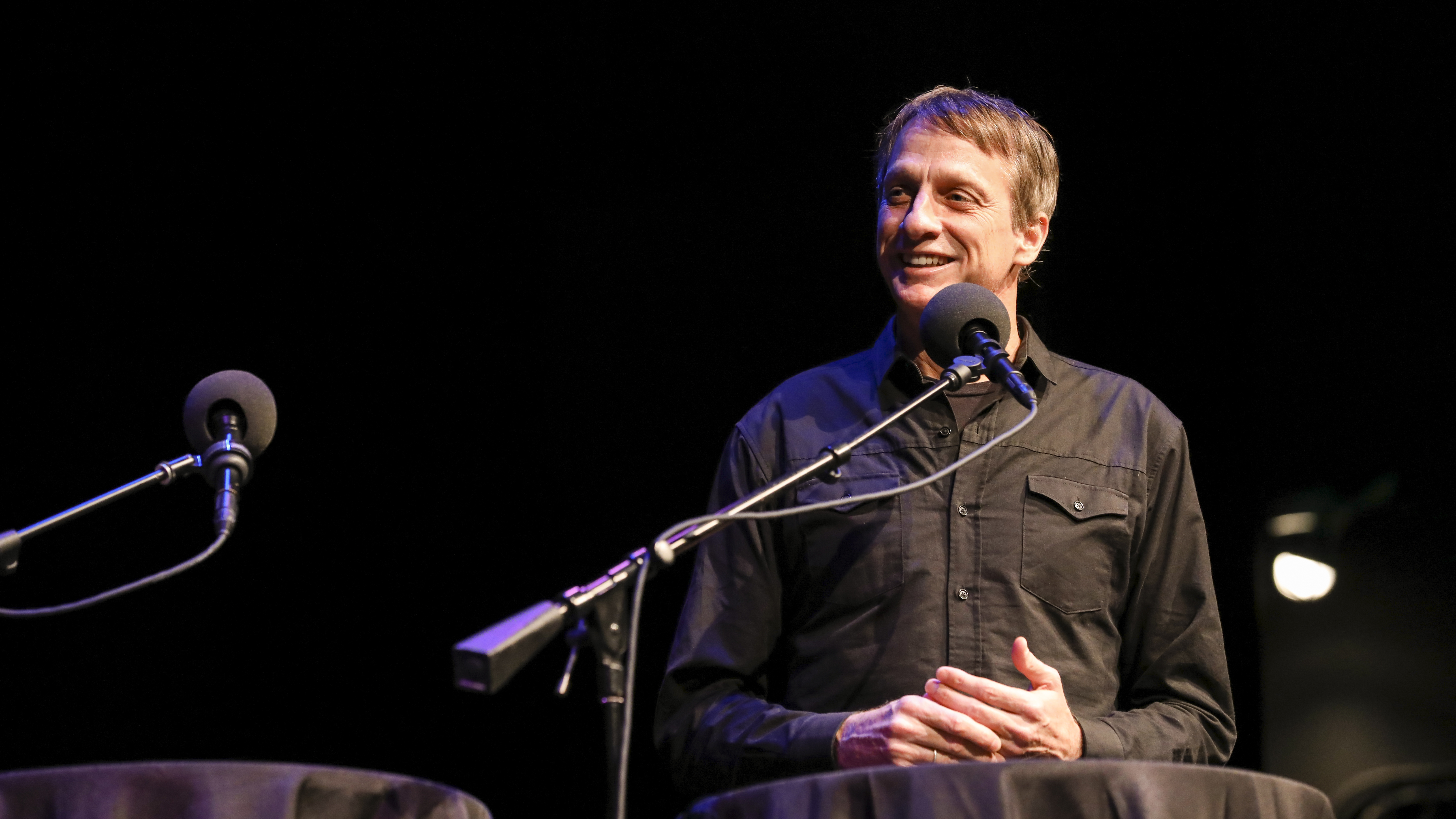 Tony Hawk appears on <em>Ask Me Another</em> at the Balboa Theatre in San Diego, California. (NPR)