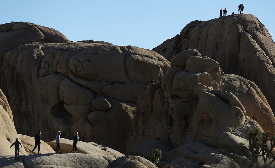 During the shutdown, visitors walk and stand atop rock formations at Joshua Tree National Park on Friday. (Mario Tama/Getty Images)