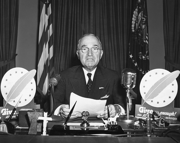 President Harry S. Truman speaks during a television address from the Oval Office in 1947. (Bettmann Archive/Getty Images)