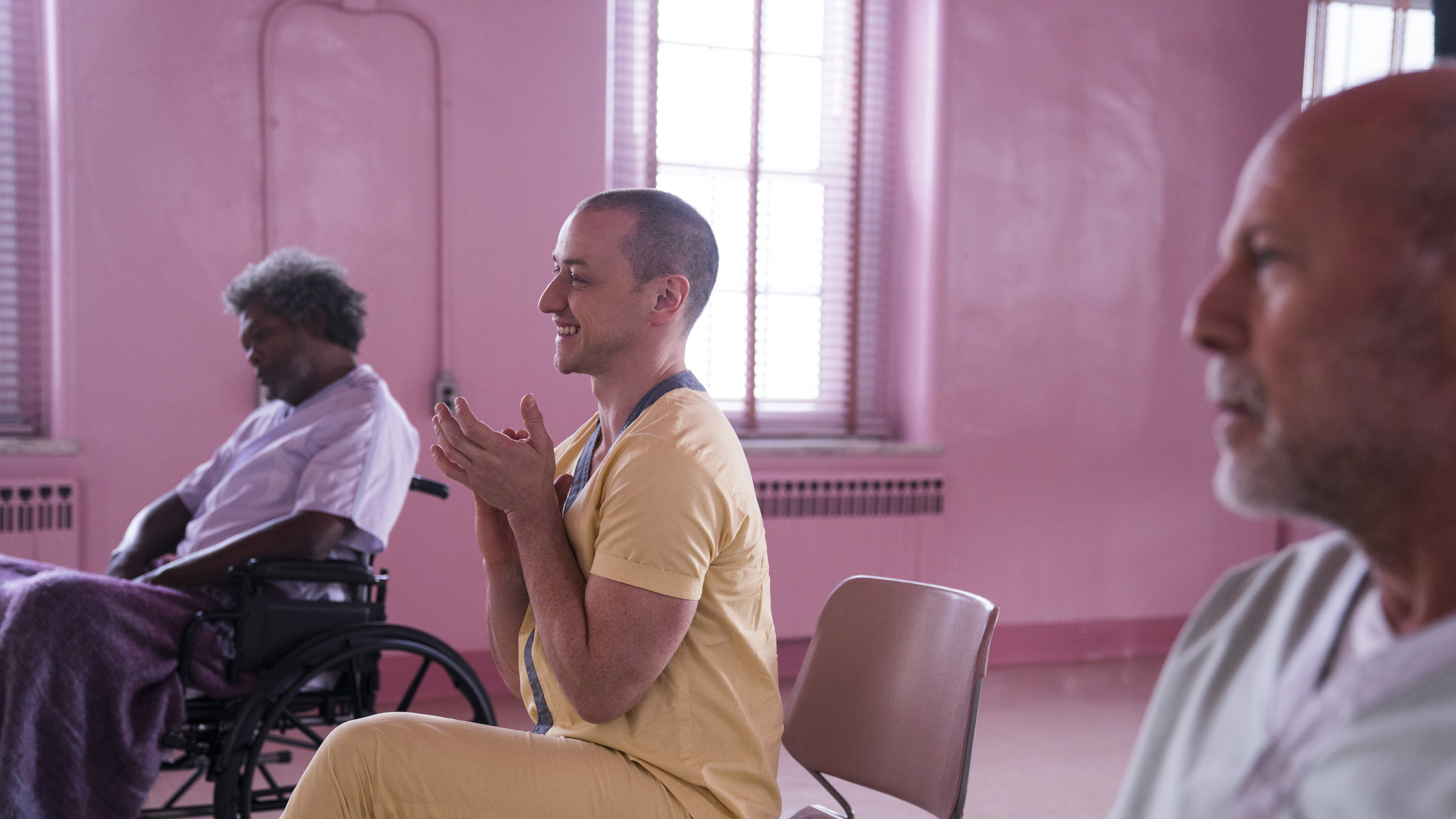 Supergroup Therapy: (L to R): Elijah (Samuel L. Jackson), Kevin (James McAvoy) and David (Bruce Willis) assemble, in Glass.