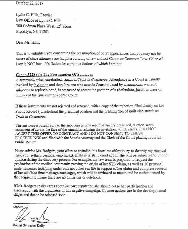 Part of a letter signed by R. Kelly and sent to Faith Rodgers' attorney, Lydia Hills, in Oct. 2018.